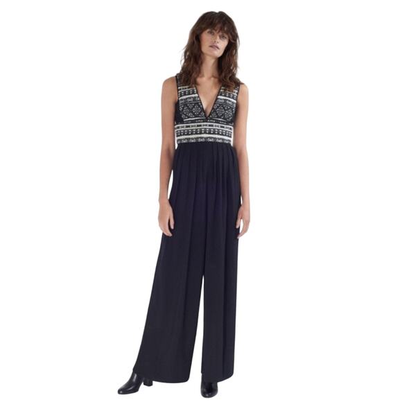 Morgan Carper Anthropologie Black Wide Leg Embroidered Tribal Jumpsuit - Picture 1 of 10